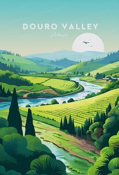 a poster with the words douro valley in front of green hills and trees on either side