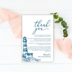 a card with the words thank you on it next to a plant and ribbon that says,