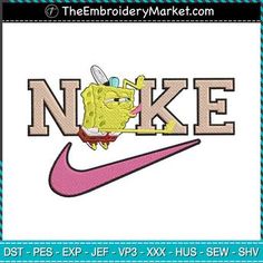 the embroidery design for nike is shown in pink and blue with an image of spongebob