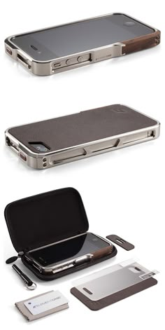 the back and side view of a cell phone with its case open, next to it's contents