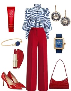 What To Wear With Red Shoes, Red Shoes Outfits For Women, Red Elegant Outfit, Outfits With Red Pants, Red Blue Outfit, Blue And Red Outfit, Red And Blue Outfit, Looks Total Jeans