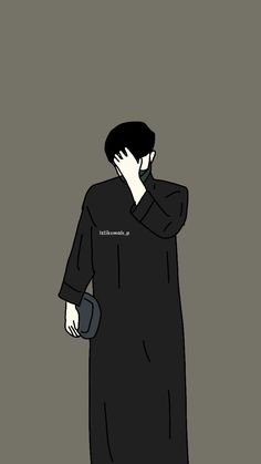 a man in a long black dress is talking on the phone and holding his hand to his face