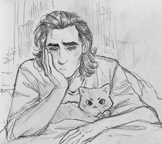 a drawing of a man holding a cat in his lap and looking at the camera