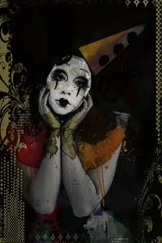 a painting of a creepy clown covering her face with his hands and looking at the camera