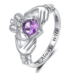 PRICES MAY VARY. Meaningful Purple Ring - Premium Heart claddagh Ring represents love, friendship & loyalty. The heart represents love, the hands represent non-partition friendship, and the crown represents loyalty to love & friendship. Whether love or friendship, it is dubbed the meaning of loyalty. This pretty ring engraved words Always with You, it's an ideal gifts for love and friendship High Material of Women Claddagh Ring - Bling hug ring inlay blue stone made by 100% 925 Sterling Silver, Friendship Promise, Hug Ring, Promise Ring Band, Silver Claddagh Ring, Purple Ring, Irish Claddagh, Sweet Ring, Claddagh Ring, Pretty Ring