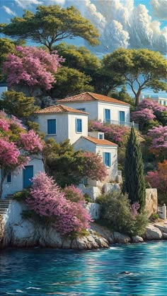 a painting of a house on a cliff with trees and flowers in the foreground