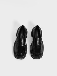 Black Perline Chunky Penny Loafers - CHARLES & KEITH US Mens Chunky Loafers, Cool Platform Shoes, Charles And Keith Loafers, Cool Black Shoes, Black Comfortable Shoes, Black Chunky Shoes, Square Loafers, Chunky Black Loafers, Chunky Penny Loafers