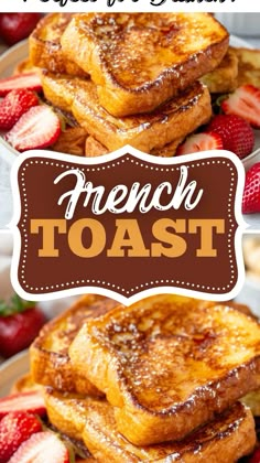 french toast on a plate with strawberries and syrup