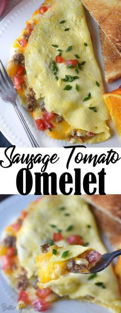 an omelet with sausage and tomatoes on it is shown in two different pictures