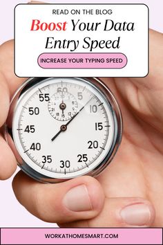 a person holding a stopwatch with the words read on the blog, boss your data entry speed increase your typing speed