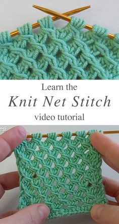 the video shows how to crochet an afghan stitch in two different colors, with text overlay that reads learn the knit net stitch video