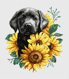 a dog with sunflowers is shown in this cross stitch pattern