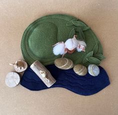 an arrangement of seashells and other items on a table