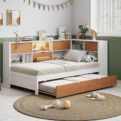 a child's bedroom with a bed, bookcase and toys on the floor