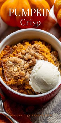 pumpkin crisp with ice cream in a red bowl