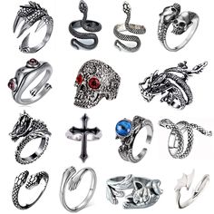 PRICES MAY VARY. vintage punk rings:A set includes 15 pieces of Gothic punk rings, there are many different kinds of ring patterns, including snake ring, skull ring, Chinese dragon ring, devil eye ring, octopus ring, and other shapes, to meet the needs of different people's hobbies, and can be given to friends, etc. Gothic ring material: alloy material, sturdy retro punk ring, medium size fits most people's fingers adjustable ring：Most of the rings are adjustable rings. The red eye skull ring is Rings Gothic, Punk Rings, Snake Dragon, Goth Ring, Octopus Ring, Cats Eye Ring, Y2k Rings, Peacock Ring, Full Finger Rings