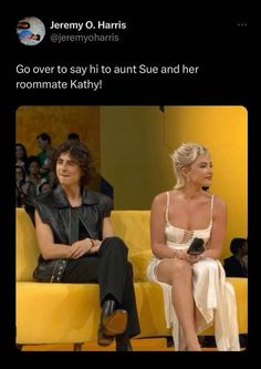 two women sitting next to each other in front of a yellow chair with the caption, go over to say to an antt sue and her roommate roommate roommate roommate kathy