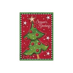 a christmas card with a green tree on the front and stars around it, which reads season's greetings