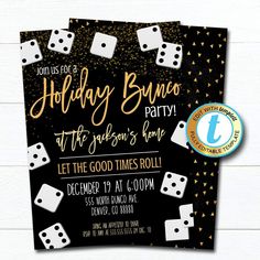 a black and gold birthday party with dices on the front, and confetti on the back