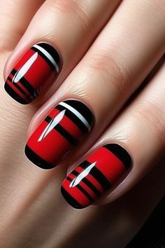 Season's Hottest Trend: Red and Black Nail Art Nails Stripes Tape Designs, Black Nails 2023, Red Black And White Nails, Red And Black Nail Art, Red And Black Nail Designs, Red And Black Nail, Red And Black Nails, Red Black Nails, Nail Designs Ideas