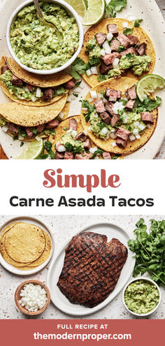 carne asada tacos topped with onion, cilantro and guacamole, served with lime wedges and a bowl of guacamole Carne Asada Tostadas, Carne Asada Tacos Recipe, Cilantro Tacos, Carne Asada Marinade, Carne Asada Recipes, Asada Tacos, Marinated Flank Steak, Carne Asada Tacos, Potluck Ideas