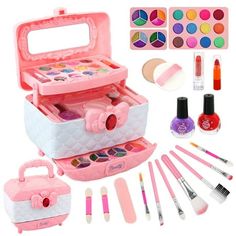 Girls Makeup Kit Kids Make Up Set Real Cosmetics Play Set with Travel Cosmetic Case Washable Party Game Make Up Toys Chrismas Birthday Gift for Little Girls Ideal Gift for Little GirlsMake your little girl's dream come true with her first makeup set. This kit is a perfect gift for birthdays or Christmas. Real Makeup Kit for Little Girls kids' makeup set includes eye shadows, sequin eye shadows, powder cake, powder puff, nail polishes, lip gloss, lipsticks, makeup brushes, etc., and a travel cosm Barbie Makeup Kit, Kids Make Up Set, Make Up Toys, Real Makeup, Powder Cake, Pretend Makeup, Makeup Toys, Makeup Kit For Kids, Play Makeup