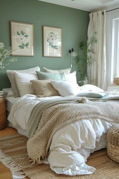 Peaceful bedroom with eucalyptus green wall and soft decor. Green Accent Wall Bedroom, Green Bedroom Walls, Ideas For Bedrooms, Rustic Bed Frame, Fresh Bedroom, Wrought Iron Bed, Green Accent Walls, Accent Wall Ideas