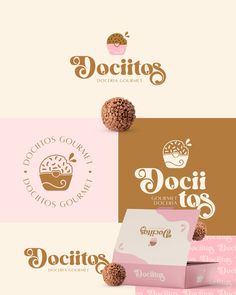 three different logos for doughnuts, donuts and other desserts on display