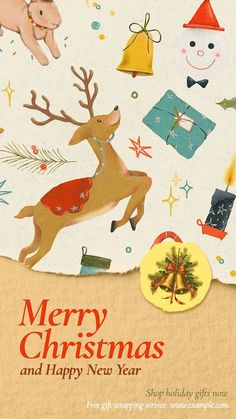 a merry christmas and happy new year card with an image of reindeers, presents, gifts