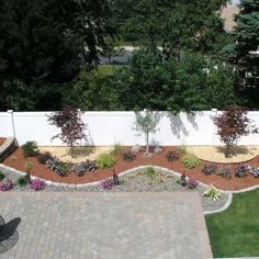 an aerial view of a backyard with landscaping