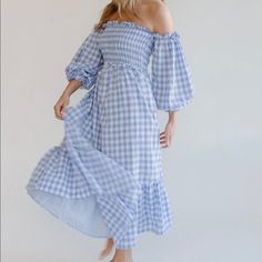 New Condition , Never Worn . Got Shipped 2 Spring Vacation Gingham Maxi Dress, Spring Gingham Maxi Dress For Vacation, Spring Gingham Maxi Dress For Brunch, Fitted Gingham Midi Dress For Spring, Spring Light Blue Maxi Dress For Brunch, Light Blue Maxi Dress For Spring Brunch, Spring Gingham Midi Dress For Brunch, Elegant Gingham Midi Dress For Spring, Spring Brunch Light Blue Maxi Dress