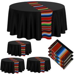 the table cloths are black with multi - colored stripes