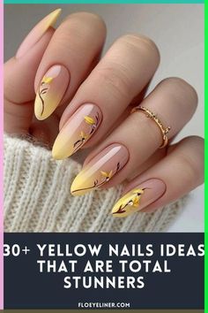 Yellow Oval Nails Designs, Summer Yellow Nail Designs, Nail Ideas Unique, Tastemade Dessert, Yellow Flower Nails, Yellow Nails Acrylic, Yellow Nail Art Designs, Yellow Summer Nails, Yellow Nail Designs