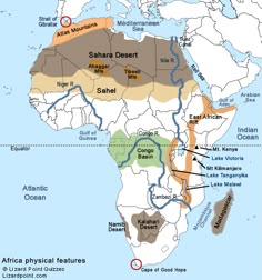 the african physical features and their location in africa, as well as other major landforms