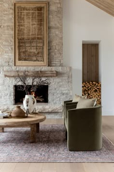 a living room filled with furniture and a fire place next to a wall mounted painting