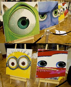 three pictures of different colored eyes on easels