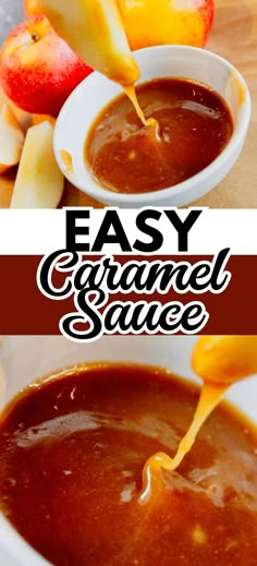 caramel sauce being poured into a white bowl with apples and oranges in the background