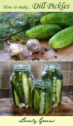 cucumbers in jars on a cutting board next to garlic and dill pickles