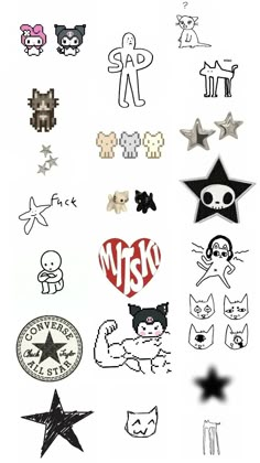 many different types of stickers on a white surface with stars and other things in the background