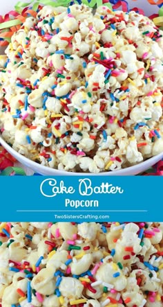 cake batter popcorn with sprinkles in a bowl