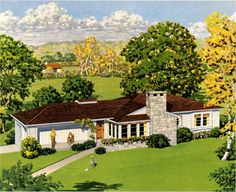 this is an artist's rendering of a house in the country with trees and grass