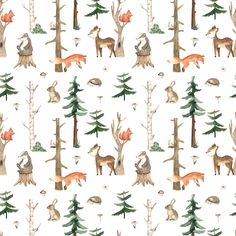 a watercolor pattern with deer, bear and squirrel in the woods on a white background