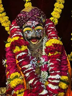 a man dressed in red and yellow with flowers around his neck, wearing a mask