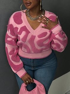 Plus Graphic Pattern Drop Shoulder Sweater, For Winter Hot Pink Casual  Long Sleeve Knitwear All Over Print Pullovers High Stretch  Women Plus Clothing, size features are:Bust: ,Length: ,Sleeve Length: Pink Plus Size Outfits, Plus Size Winter Outfits Cold Weather, Pink Casual Outfit, Yeezy Sweater, Plus Size Winter Fashion, Scorpio Fashion, Hot Pink Outfit, Pink Wardrobe, Fashionable Tops