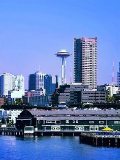 the city skyline is seen from across the water with tall buildings in the foreground