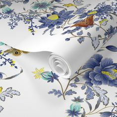 blue and yellow floral wallpaper with white background