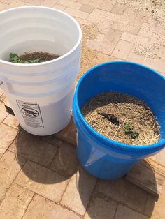 two buckets filled with dirt sitting next to each other on a brick flooring area