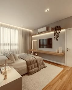 a modern bedroom with wood floors and white walls