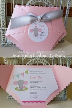 an elephant themed baby shower is shown in two different colors and sizes, including pink