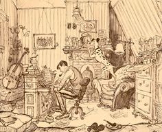 a drawing of a man playing the guitar in his bedroom